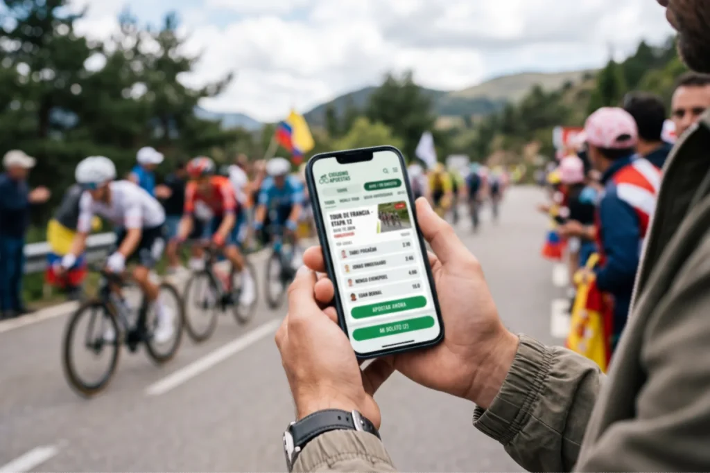 Mano sosteniendo smartphone con app de apuestas de ciclismo
