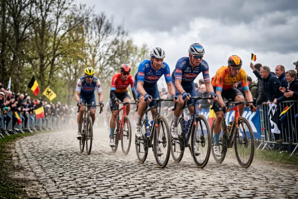 Ciclistas compitiendo sobre adoquines en una clásica de primavera