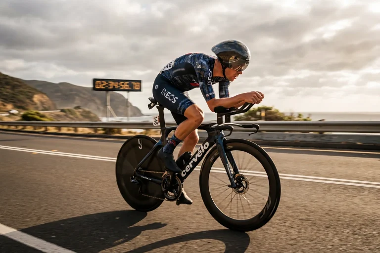 Ciclista profesional en posición aerodinámica durante una contrarreloj individual