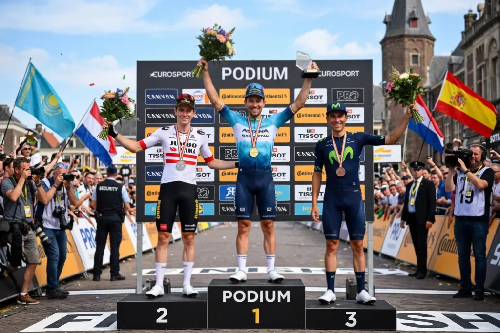 Podio de ciclismo con tres corredores en el podio de una carrera profesional