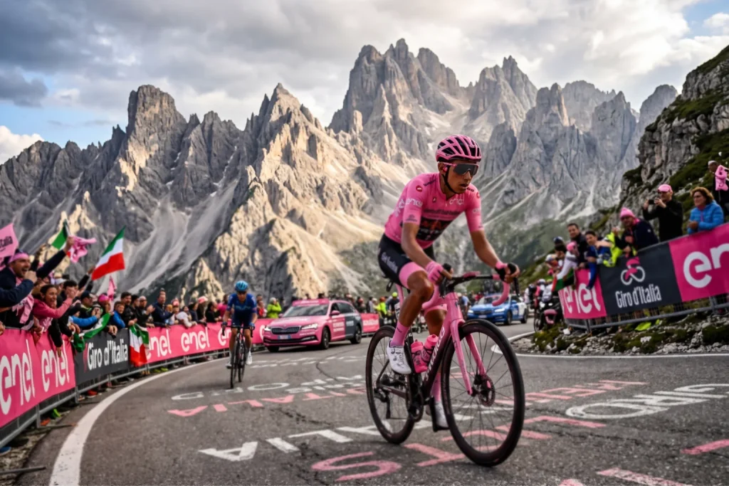 Ciclista con maglia rosa del Giro de Italia