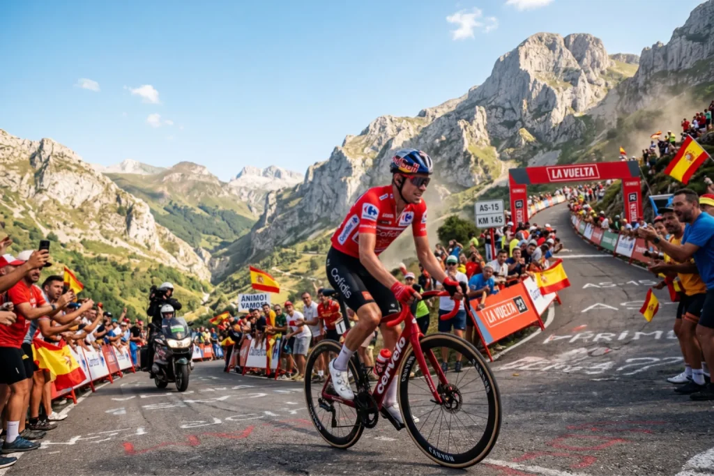 Ciclista con maillot rojo de líder de la Vuelta a España