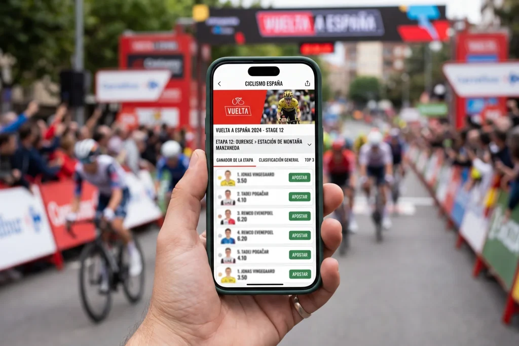 Smartphone mostrando aplicación de apuestas de ciclismo