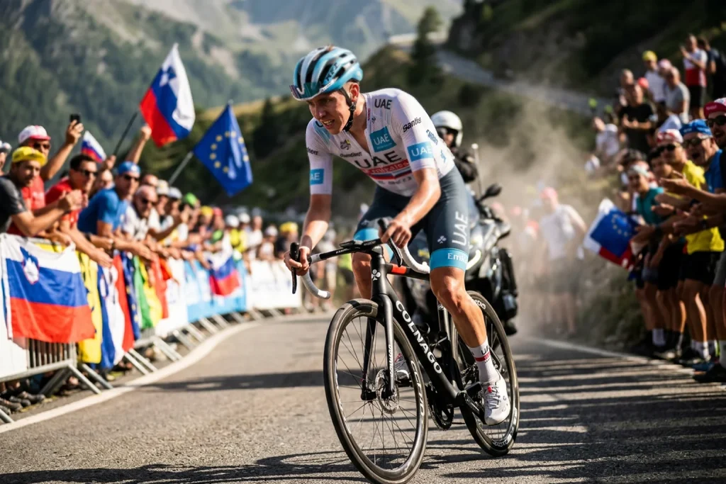 Tadej Pogacar en acción durante una carrera ciclista profesional