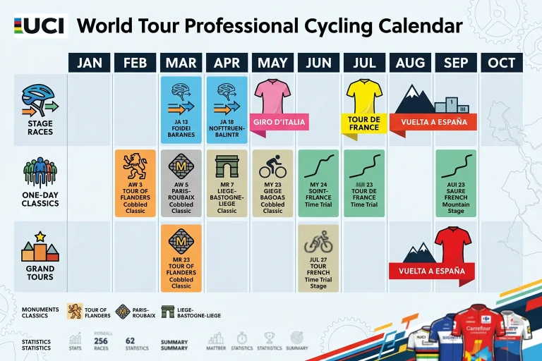 Calendario ciclista con iconos de diferentes tipos de carreras