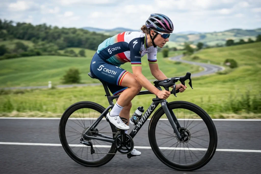 Ciclista profesional entrenando con medidor de potencia