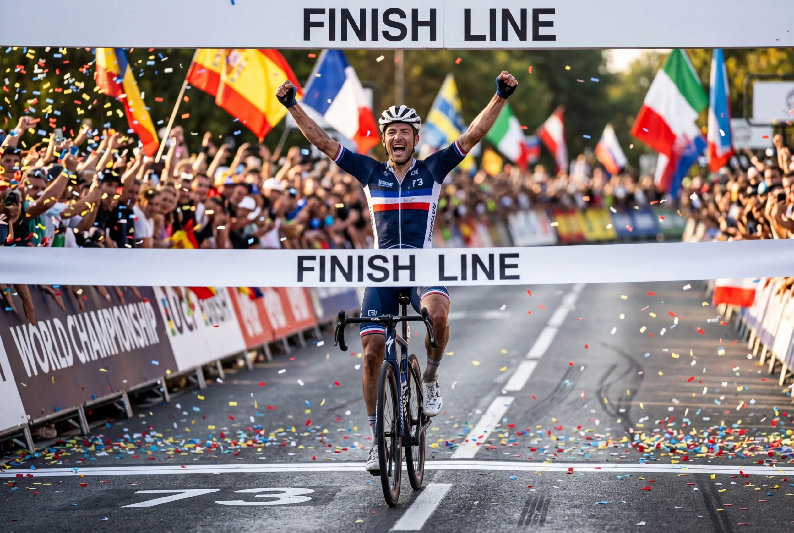 Ciclista profesional celebrando victoria en competicion internacional