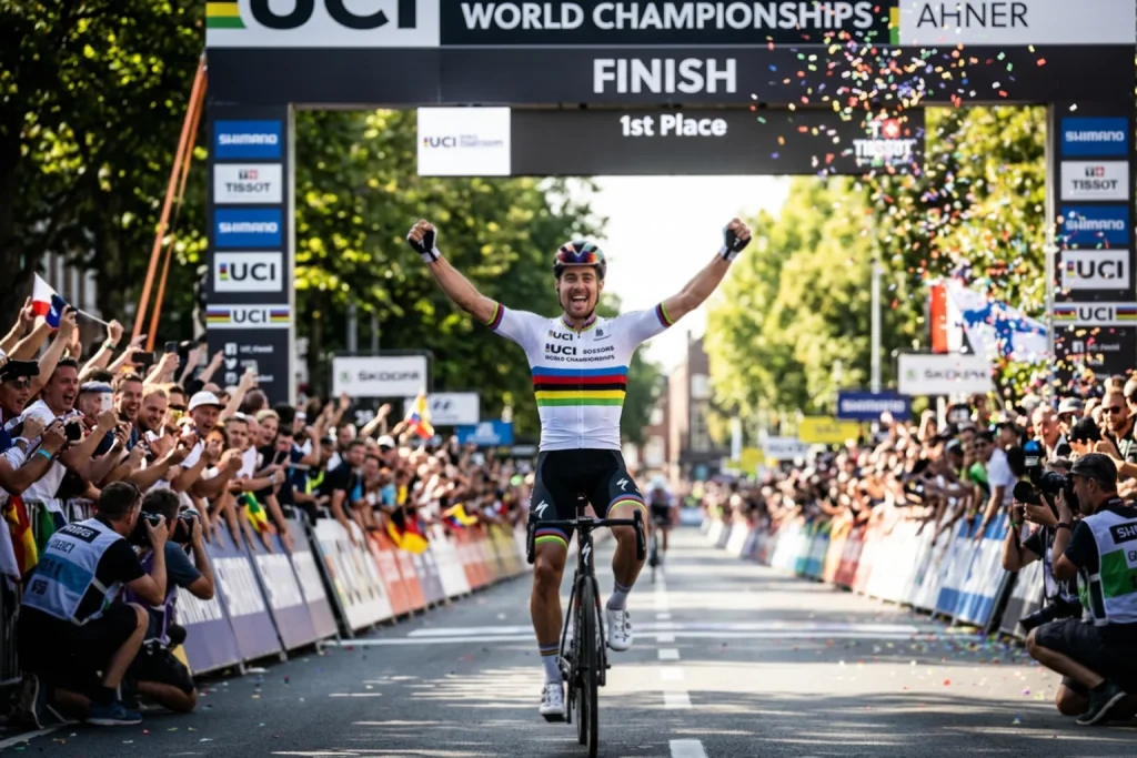 Ciclista celebrando con el maillot arcoíris de campeón del mundo