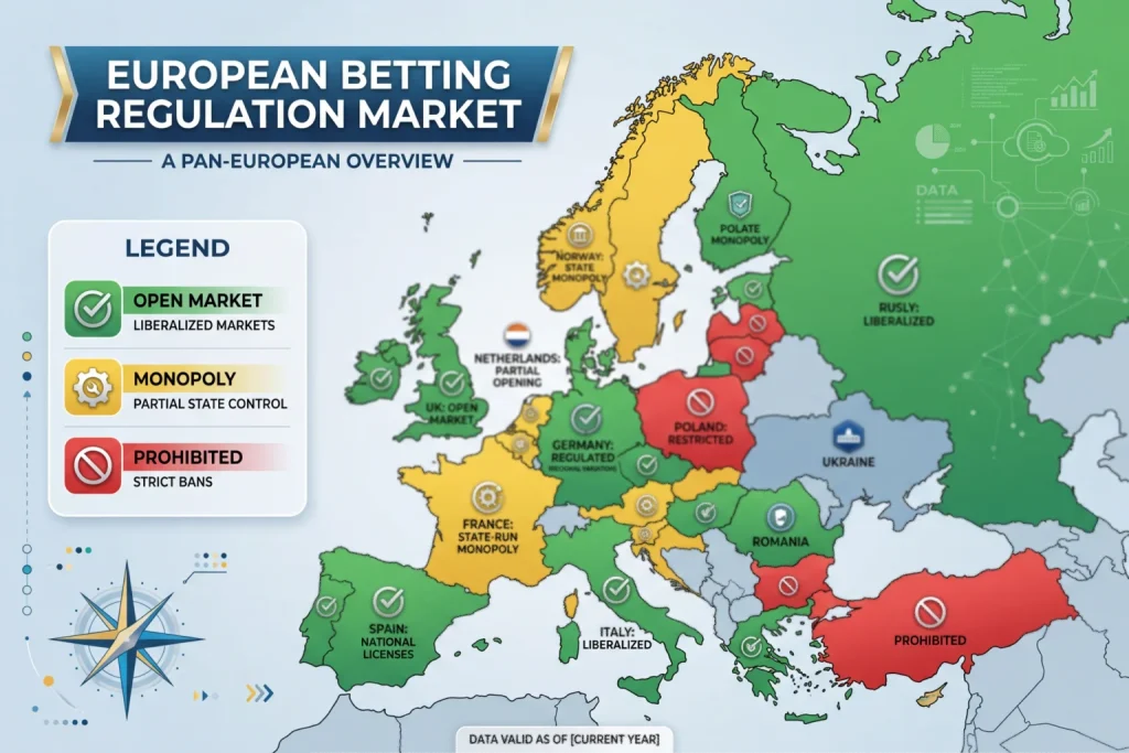Mapa de Europa con iconos de regulación de apuestas por país