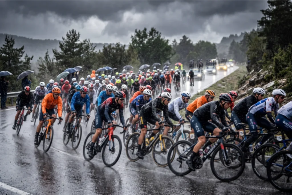 Pelotón ciclista compitiendo bajo la lluvia