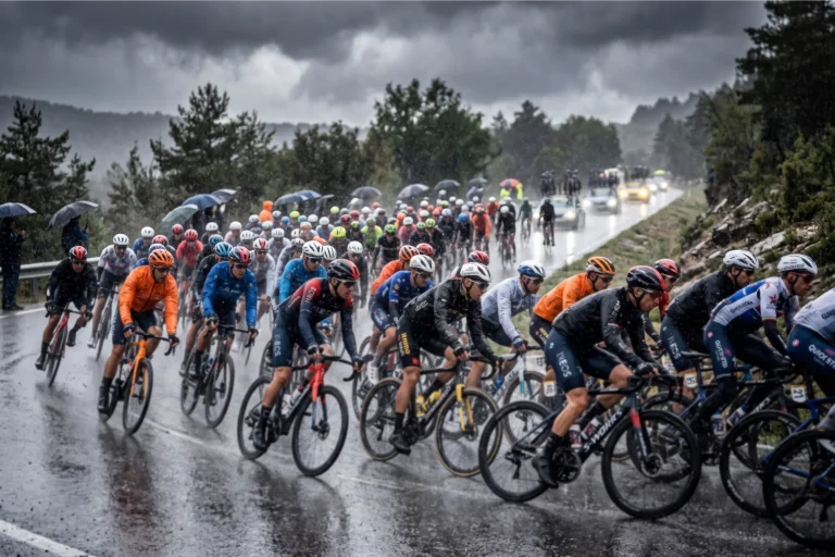 Pelotón ciclista compitiendo bajo la lluvia