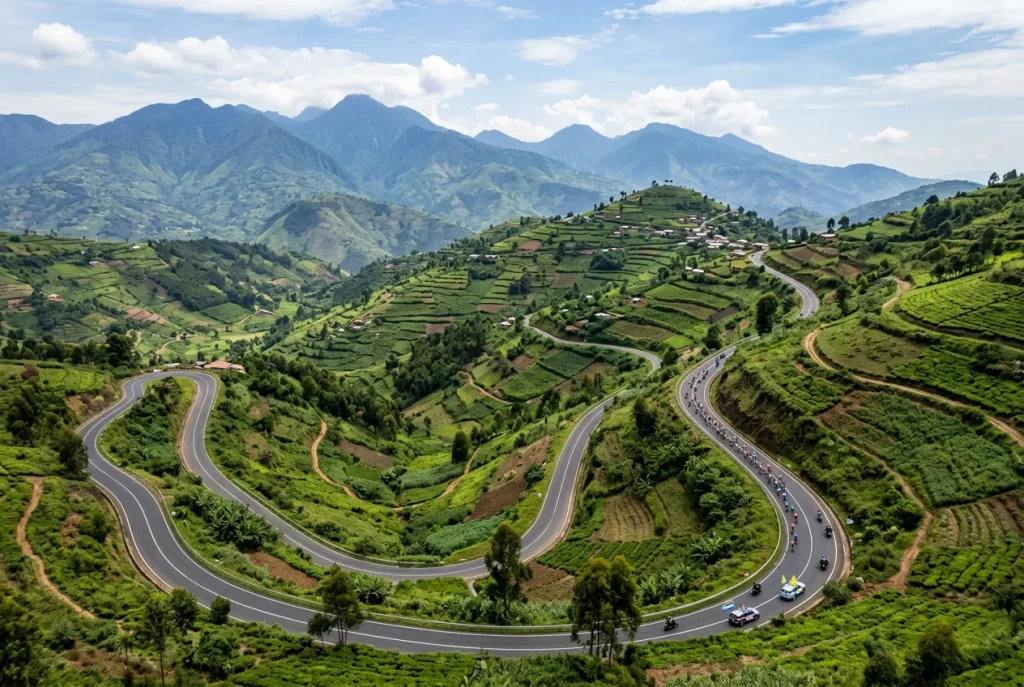 Paisaje montañoso de Ruanda con carretera ciclista serpenteante