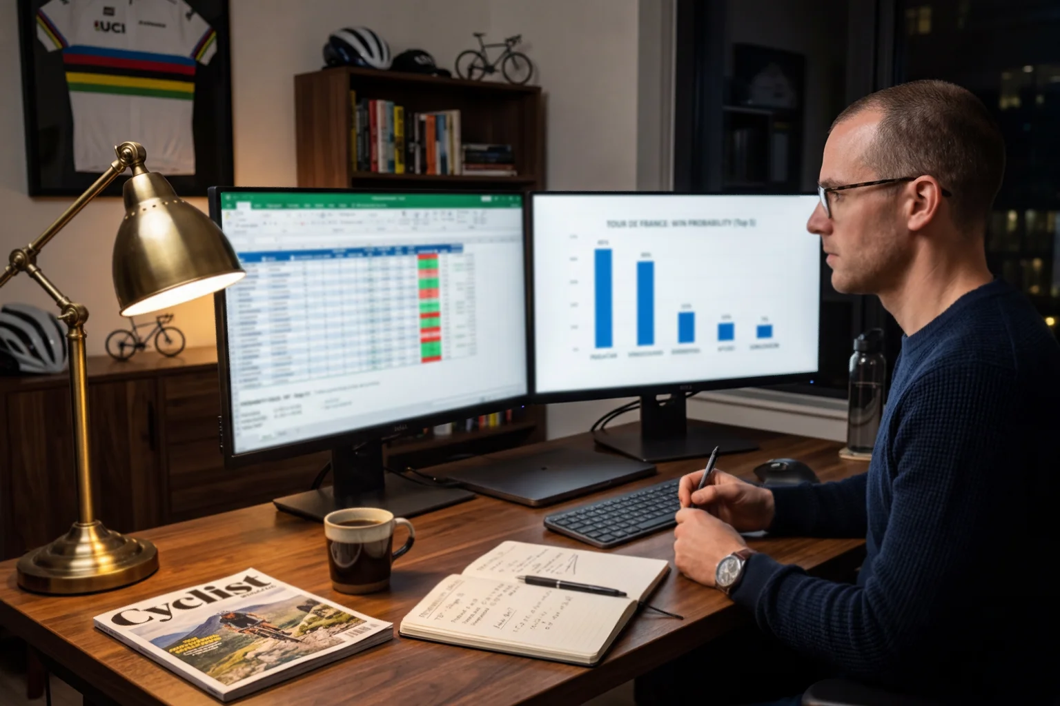 Analista revisando datos y estadisticas de ciclismo para calcular value en apuestas